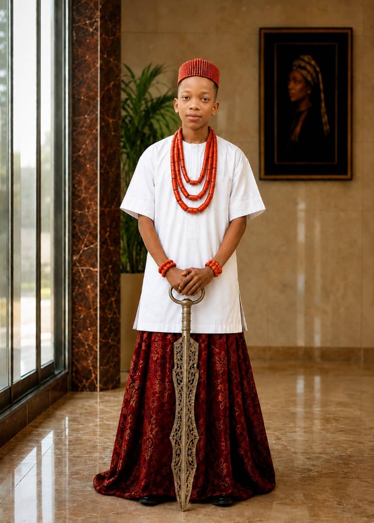 Young boy in white traditional attire with coral beads holding a ceremonial sword